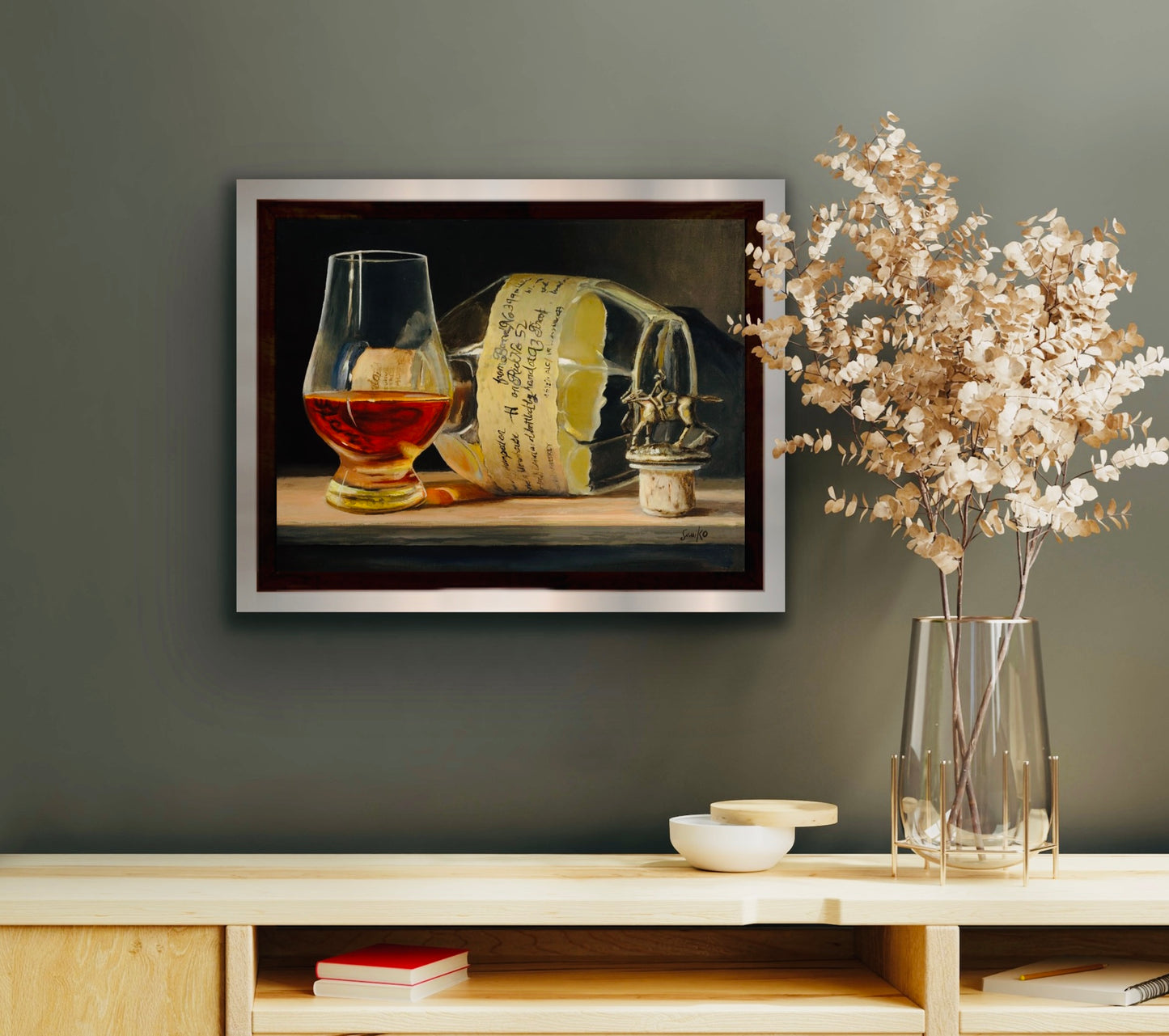 Framed in situ Oil painting of Blanton's Bourbon - man down!