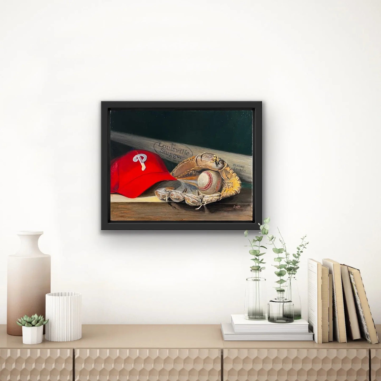 Philadelphia Phillies baseball hat, baseball gloves, baseball bat framed in situ