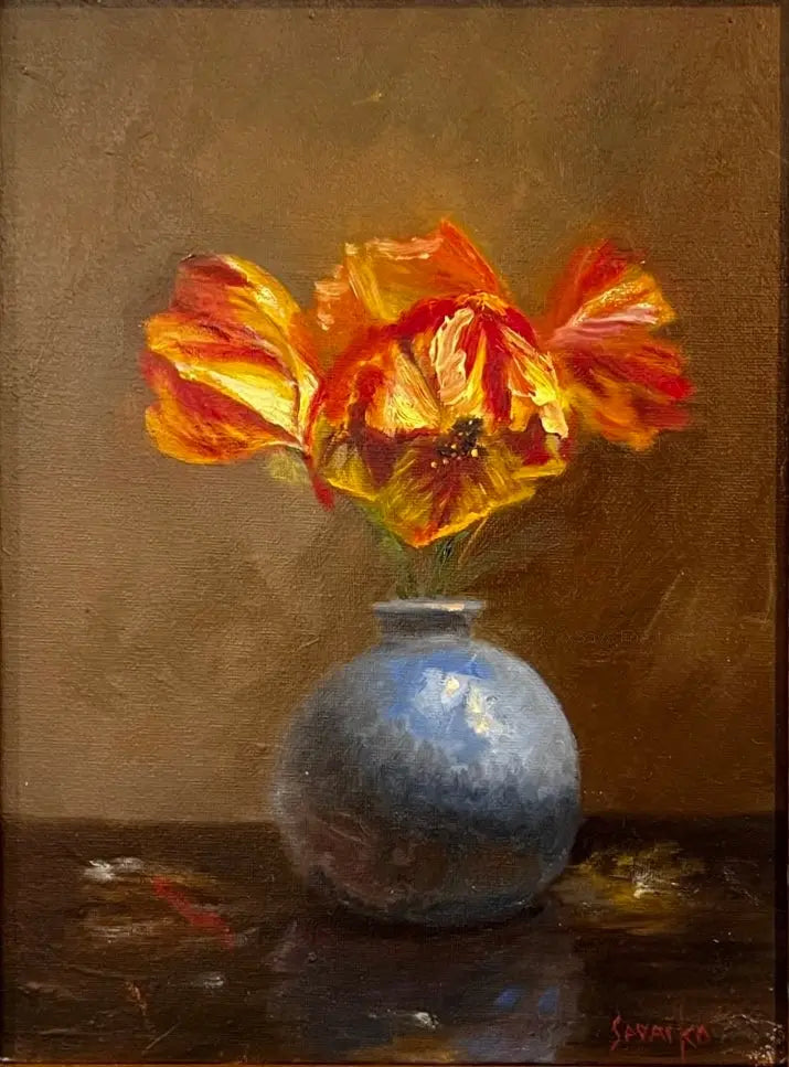Original Floral Art Painting - Rembrandts in Blue Vase Max Savaiko Art