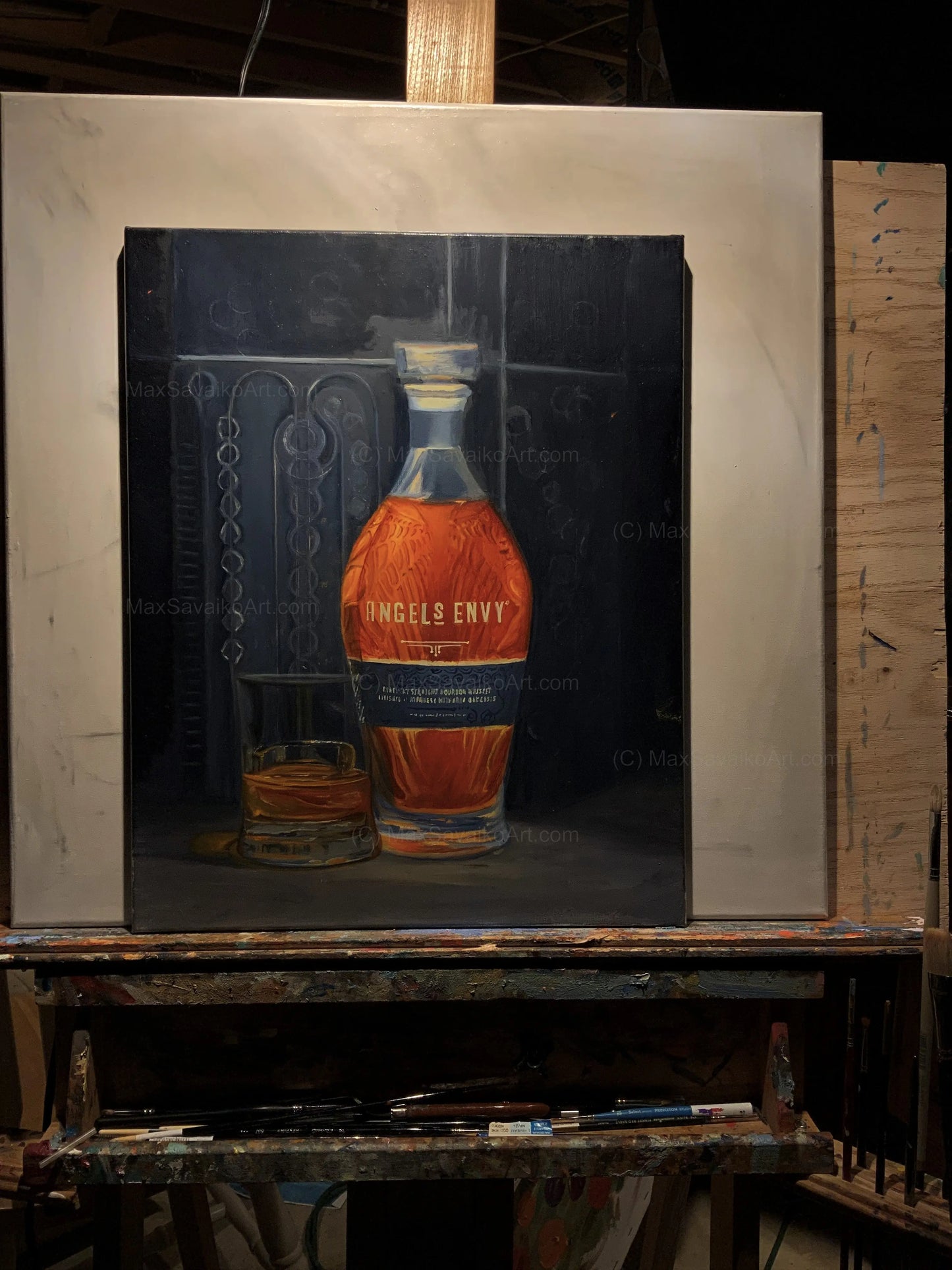 Original Oil Painting Angels Envy bourbon distillery Mizunara Cask Max Savaiko Art