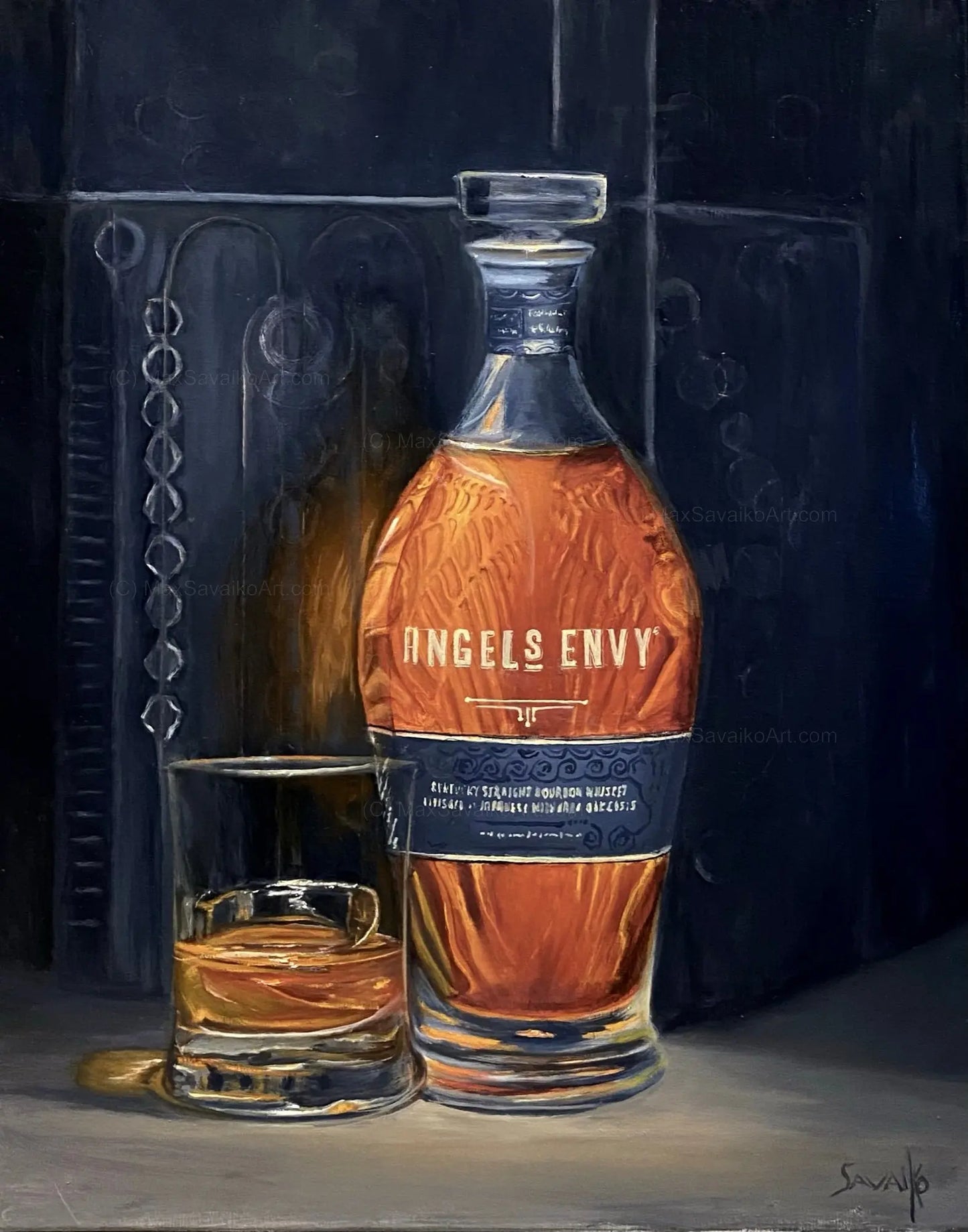 Original Oil Painting Angels Envy bourbon distillery Mizunara Cask Max Savaiko Art