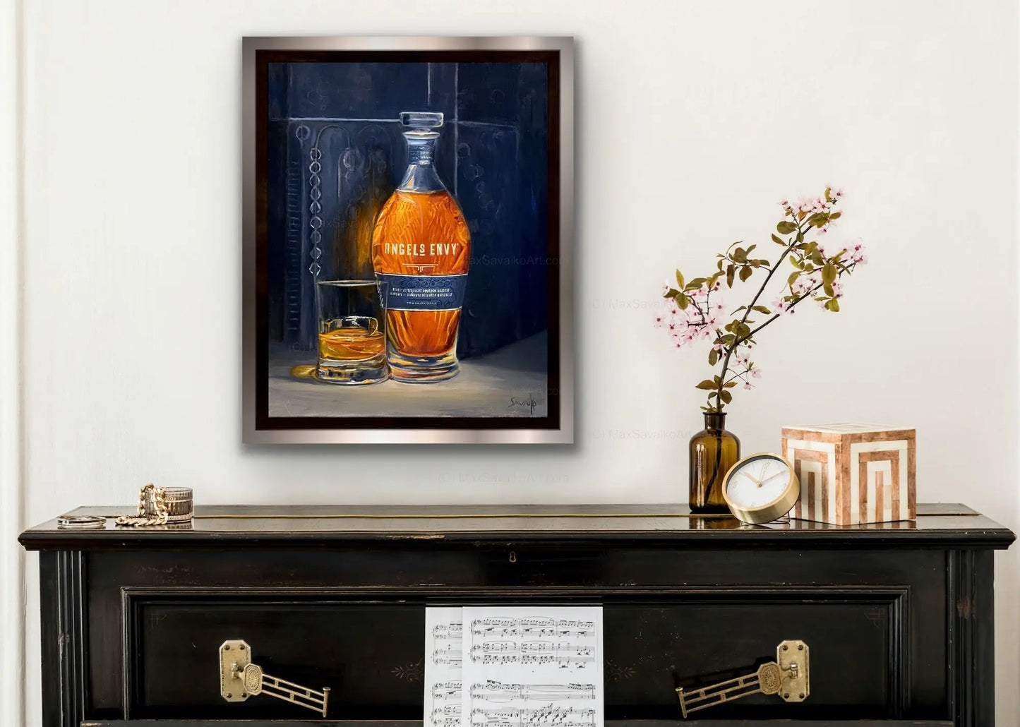 Original Oil Painting Angels Envy bourbon distillery Mizunara Cask Max Savaiko Art