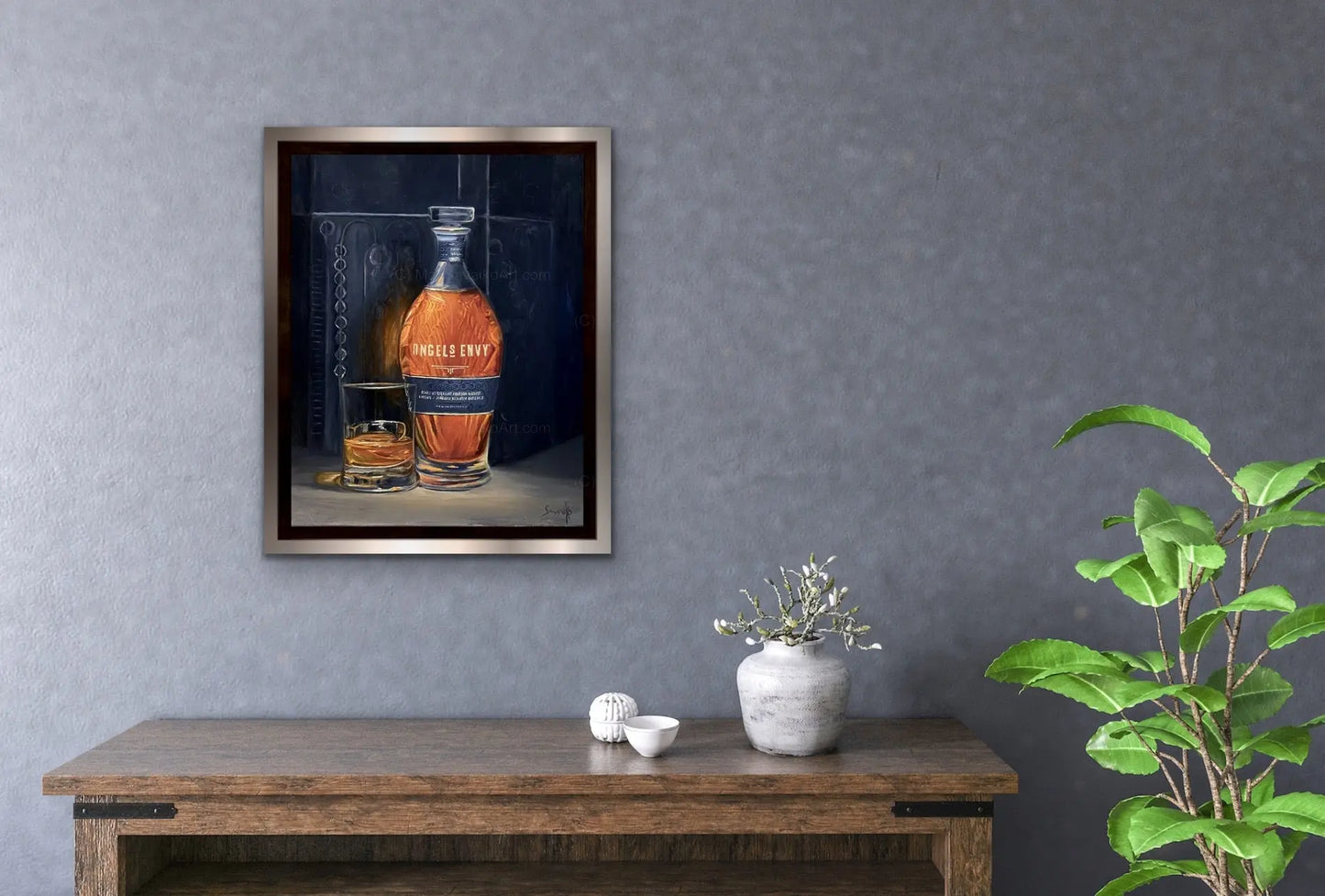 Original Oil Painting Angels Envy bourbon distillery Mizunara Cask Max Savaiko Art