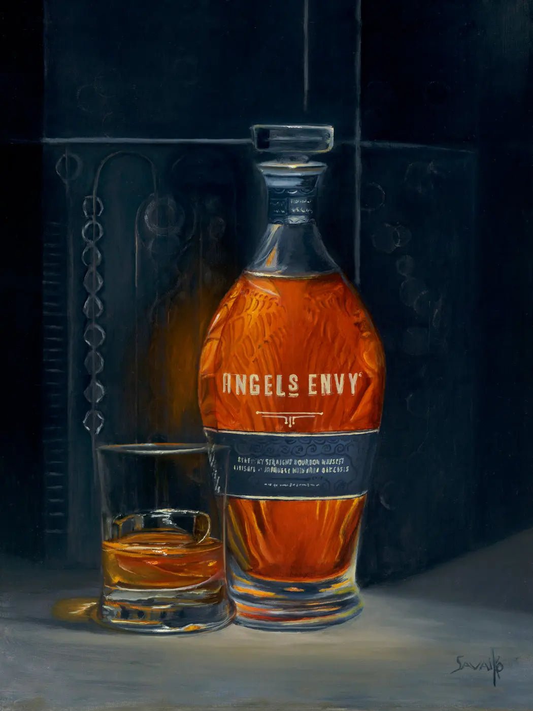Bourbon art Angels Envy bottle art with dark background