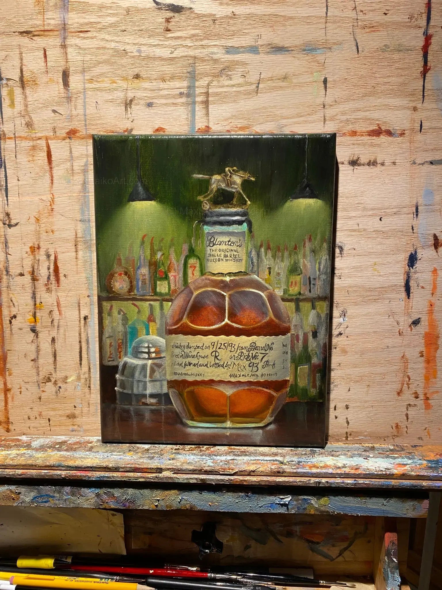 Bourbon Art Oil Painting Blanton's Bourbon At the Bar     Max Savaiko Art