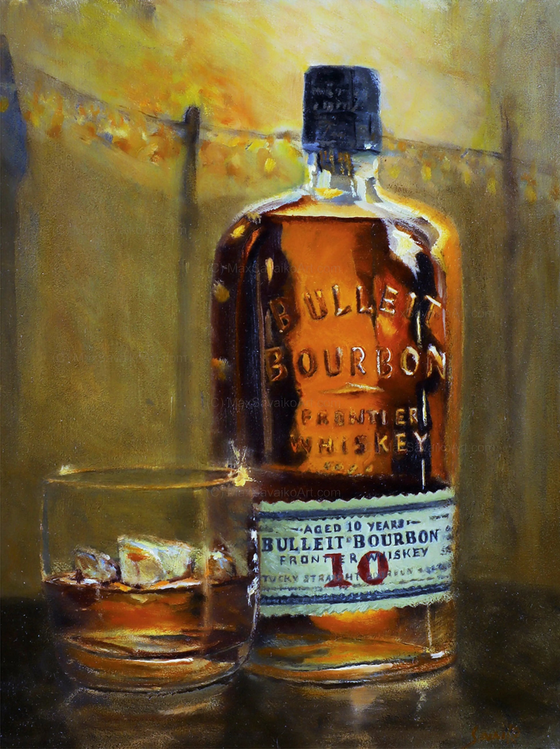 Bourbon Painting Bulleit Bourbon bar art On the Rocks     Max Savaiko Art