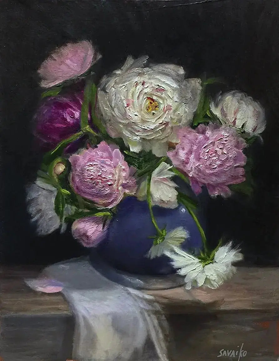 Floral Art Painting - Mixed Peonies in Blue vase - Max Savaiko Art Gallery