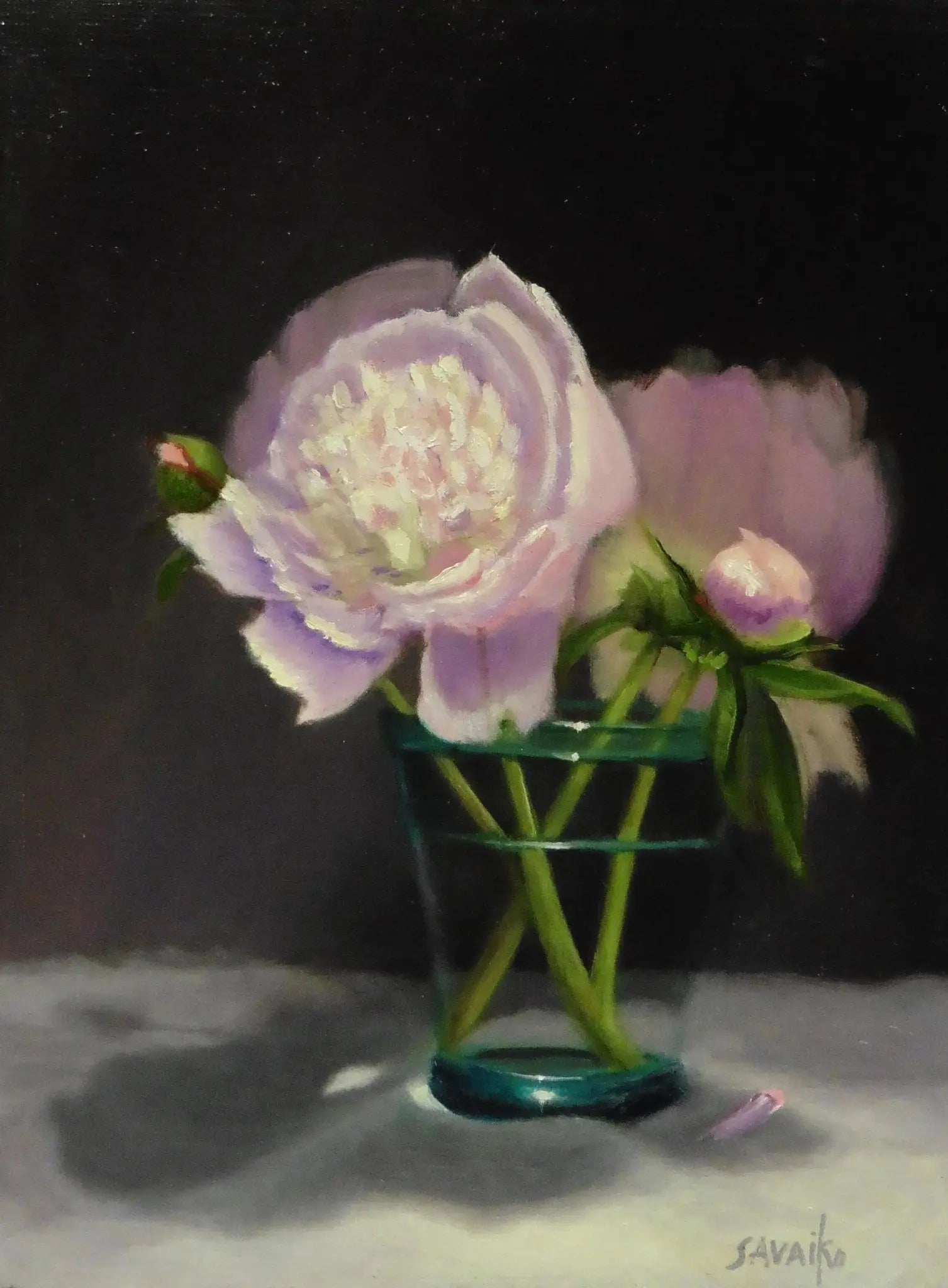 Floral Art - Peonies in Green Glass Original Oil Painting - Max Savaiko Art Gallery