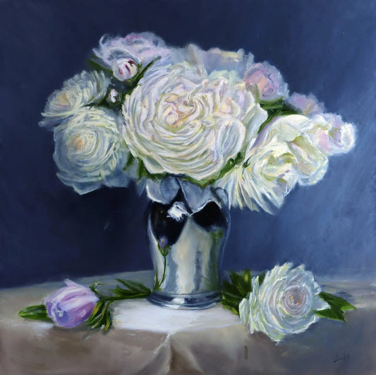 Floral Art - White Peonies in Silver Original Painting - Max Savaiko Art Gallery