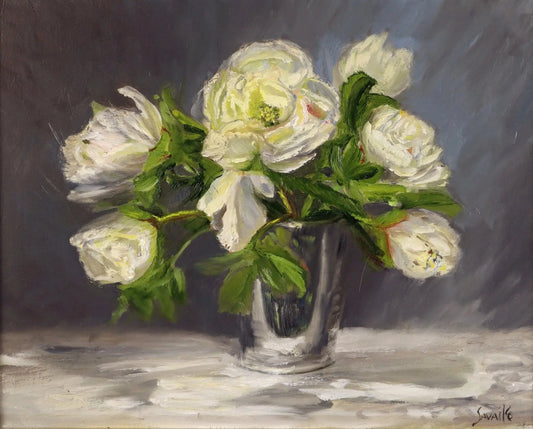 Floral Art - White Peonies in Silver Vase Original Oil Painting - Max Savaiko Art Gallery