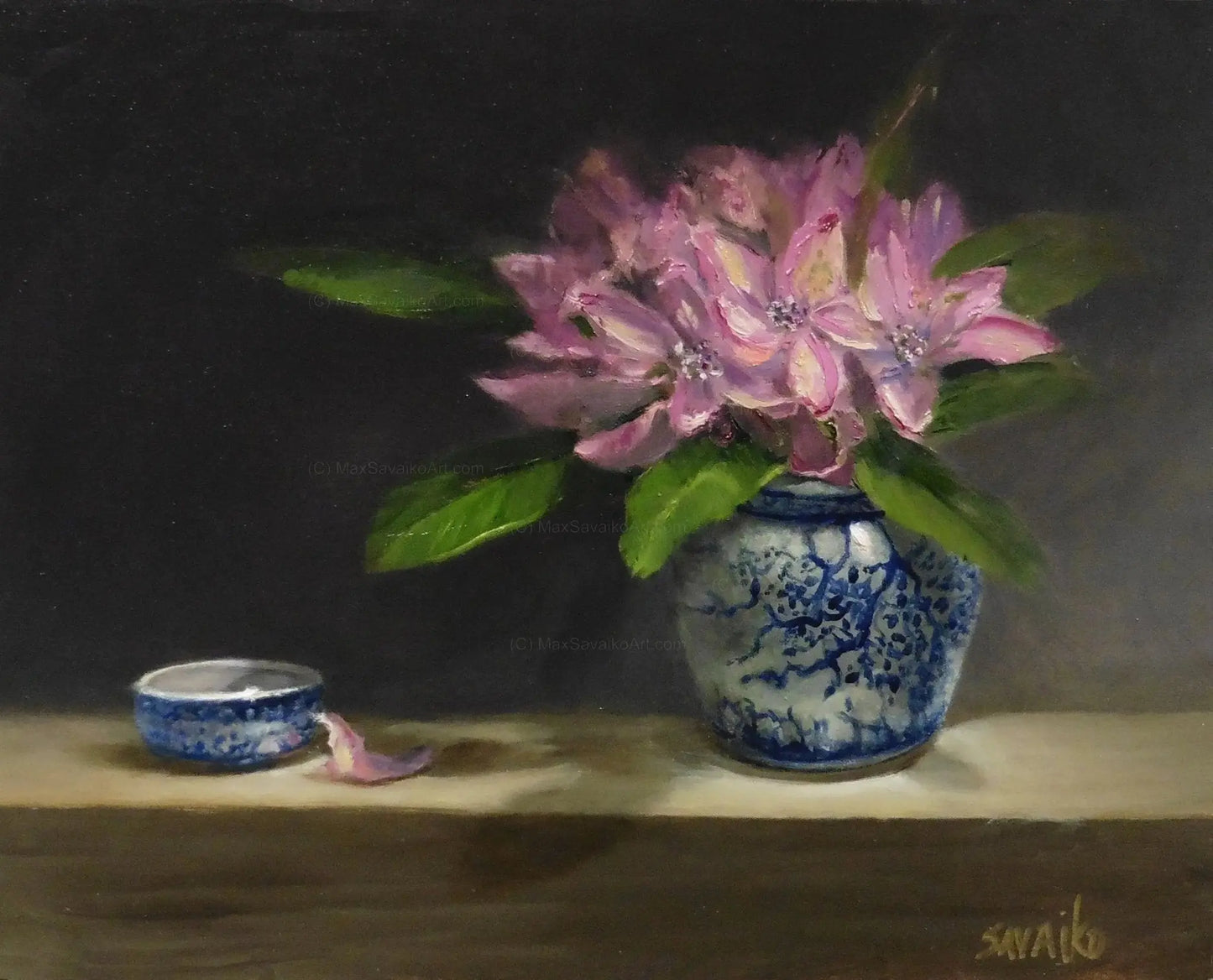 Floral Art in Bloom Ginger Jar with Pacific Rhododendron Painting     Max Savaiko Art