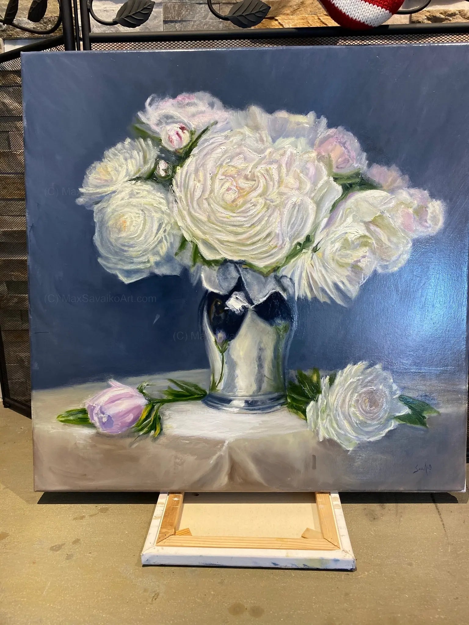 Floral Art in Bloom Peonies in Silver Original Painting     Max Savaiko Art