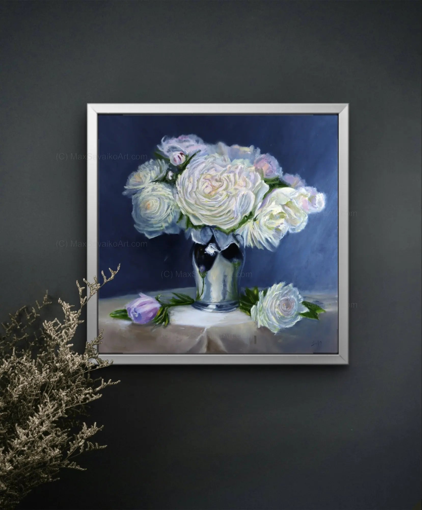 Floral Art in Bloom Peonies in Silver Original Painting     Max Savaiko Art