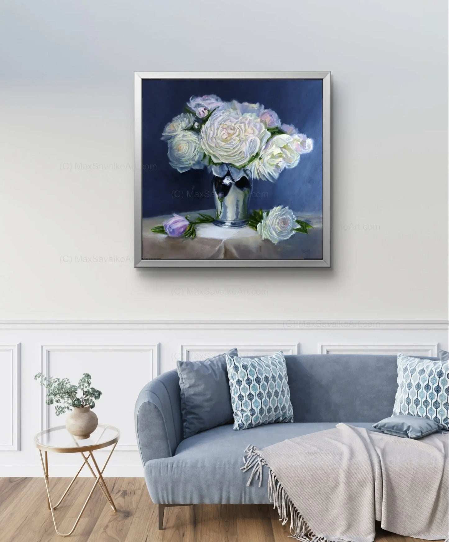 Floral Art in Bloom Peonies in Silver Original Painting     Max Savaiko Art