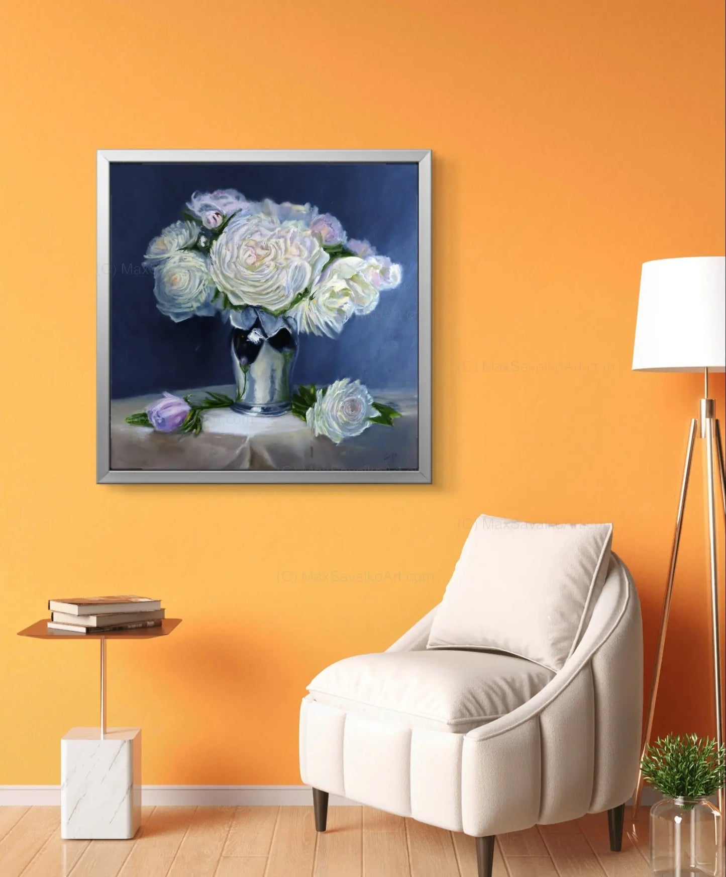 Floral Art in Bloom Peonies in Silver Original Painting     Max Savaiko Art