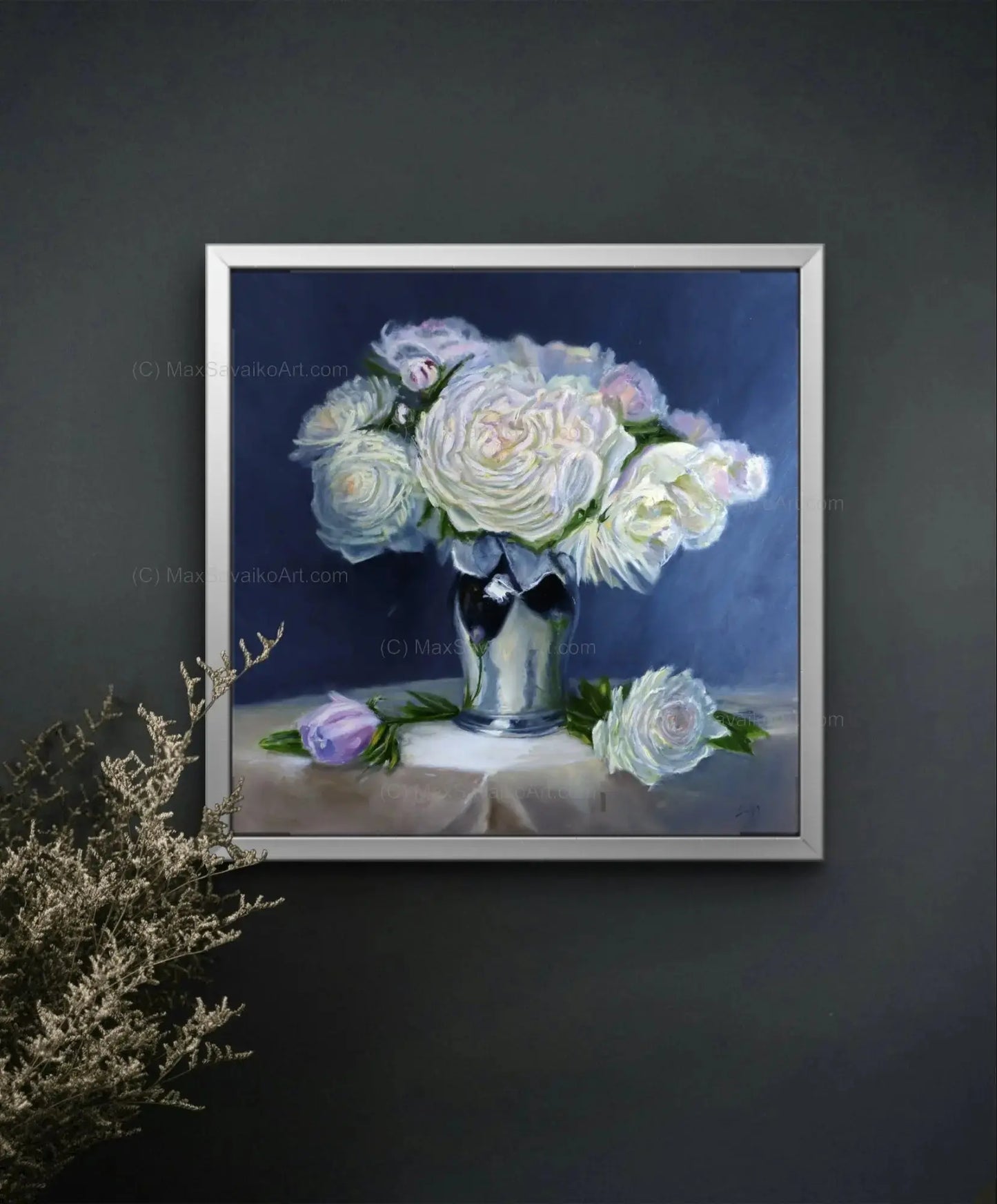Floral Artwork Peonies in Silver Original Painting     Max Savaiko Art