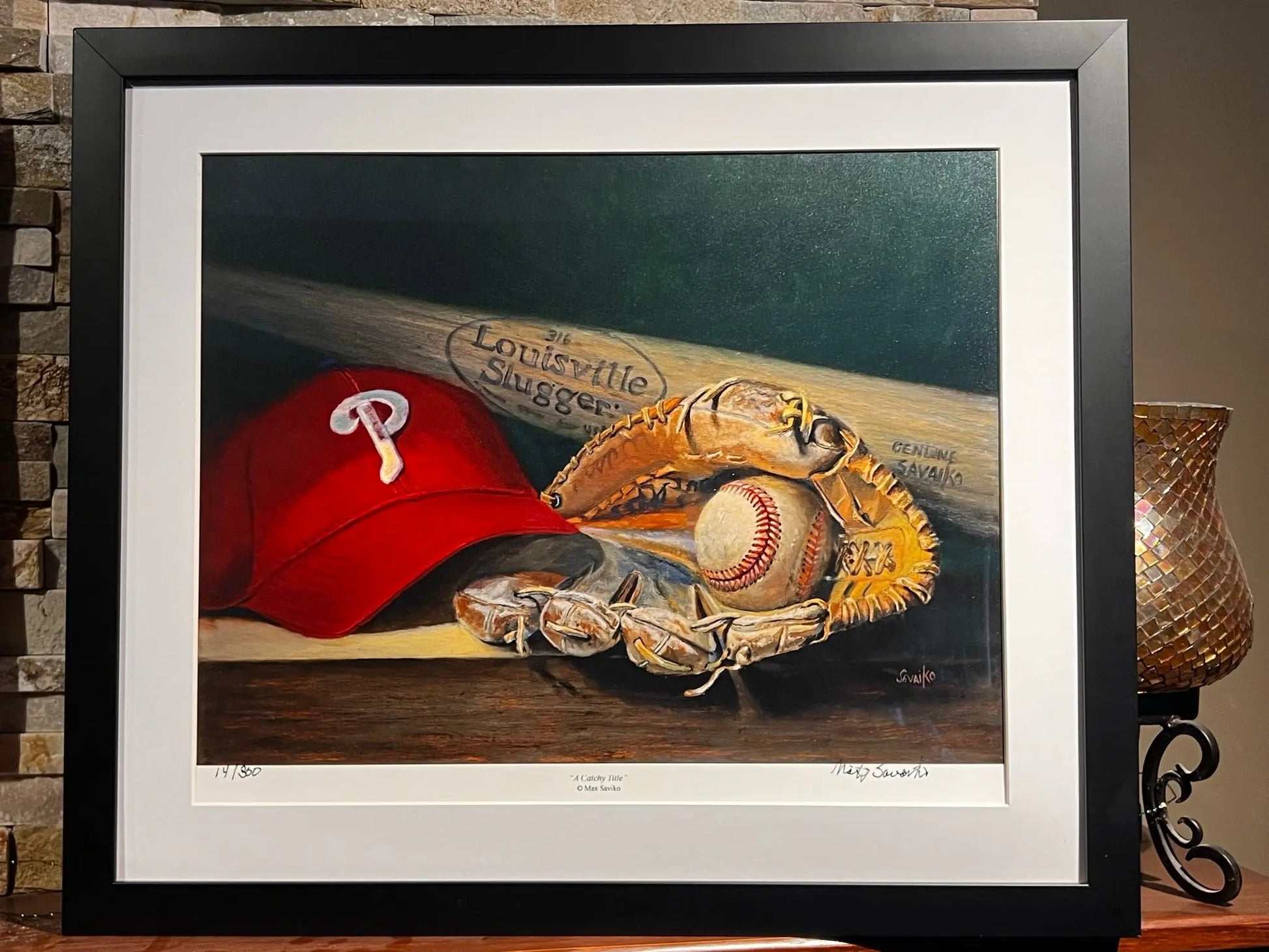 Baseball Art - Framed Signed Limited Edition Print - Phillies Hat - Max Savaiko Art