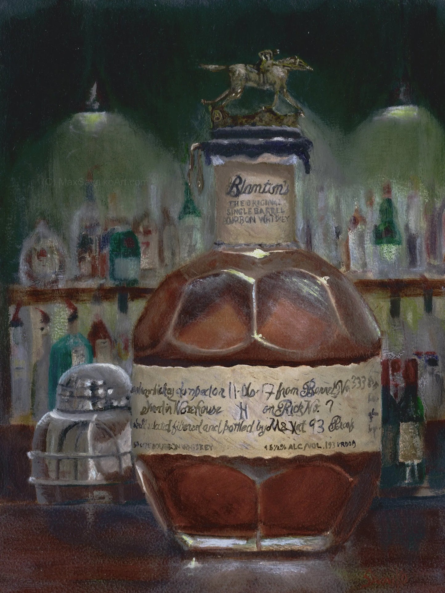 Limited Edition Print - Blanton's Bourbon Letter A At the bar     MaxSavaikoArt.com