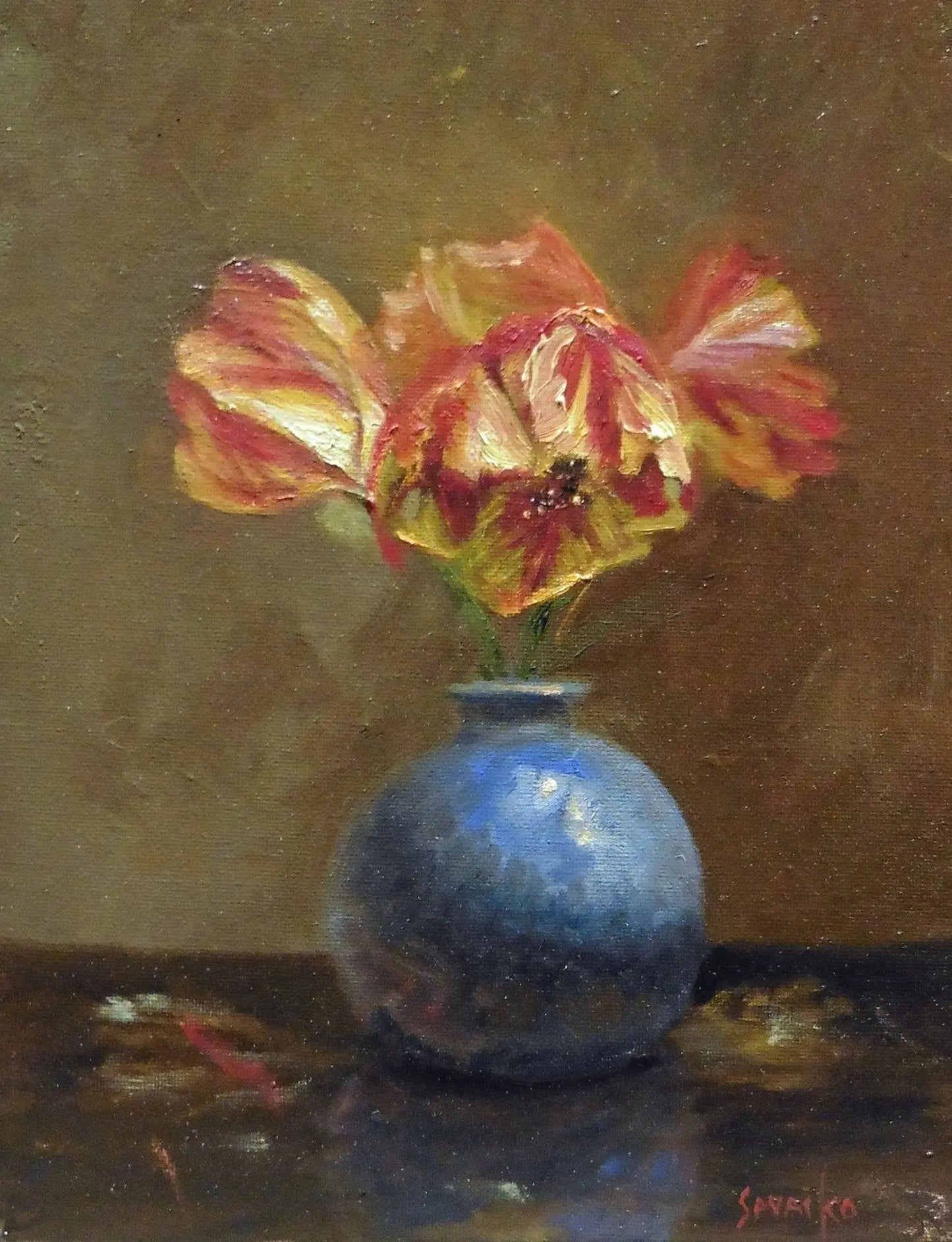Original Floral Art Painting - Rembrandts in Blue Vase - Max Savaiko Art Gallery