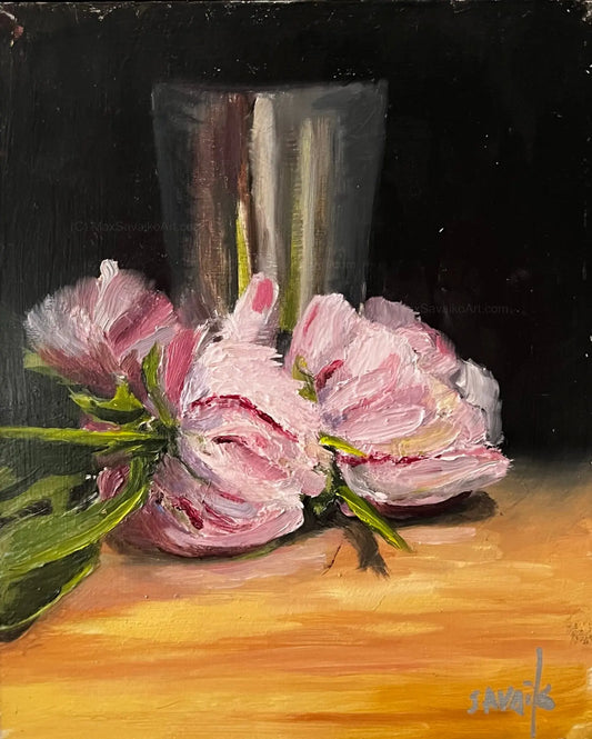 Original Oil Painting - Pink Peony painting in Silver cup     MaxSavaikoArt.com