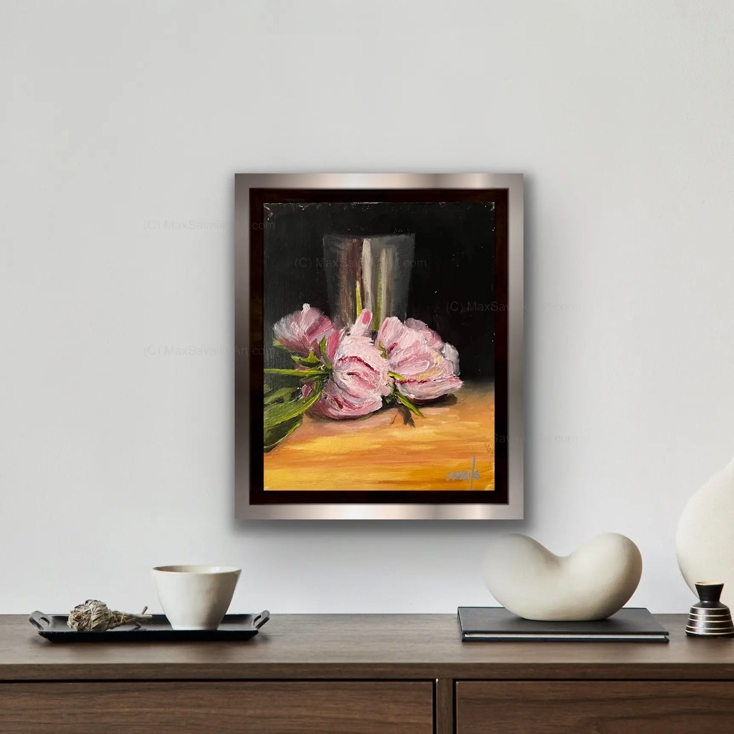 Original Oil Painting - Pink Peony painting in Silver cup     MaxSavaikoArt.com