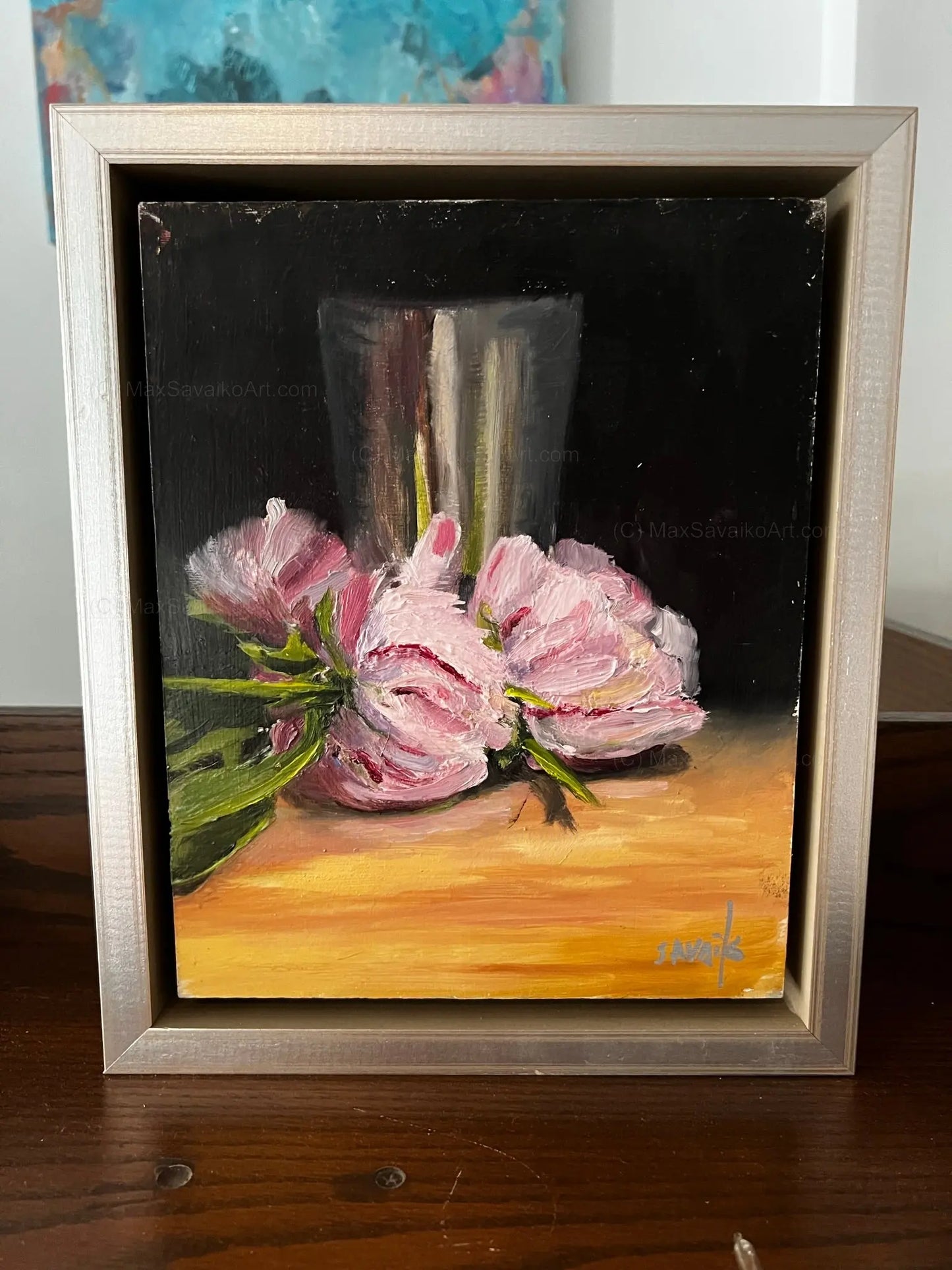 Original Oil Painting - Pink Peony painting in Silver cup     MaxSavaikoArt.com