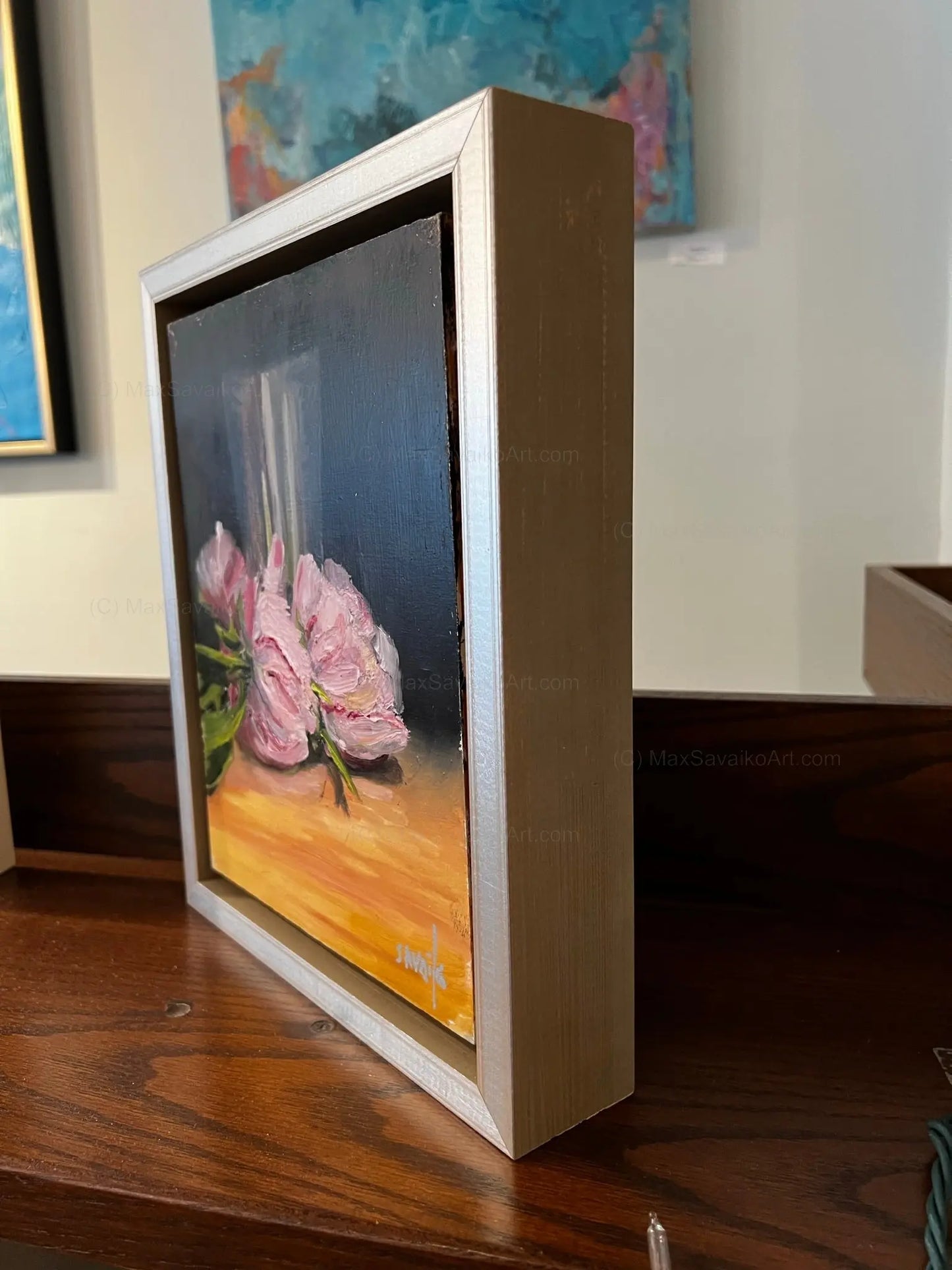 Original Oil Painting - Pink Peony painting in Silver cup     MaxSavaikoArt.com