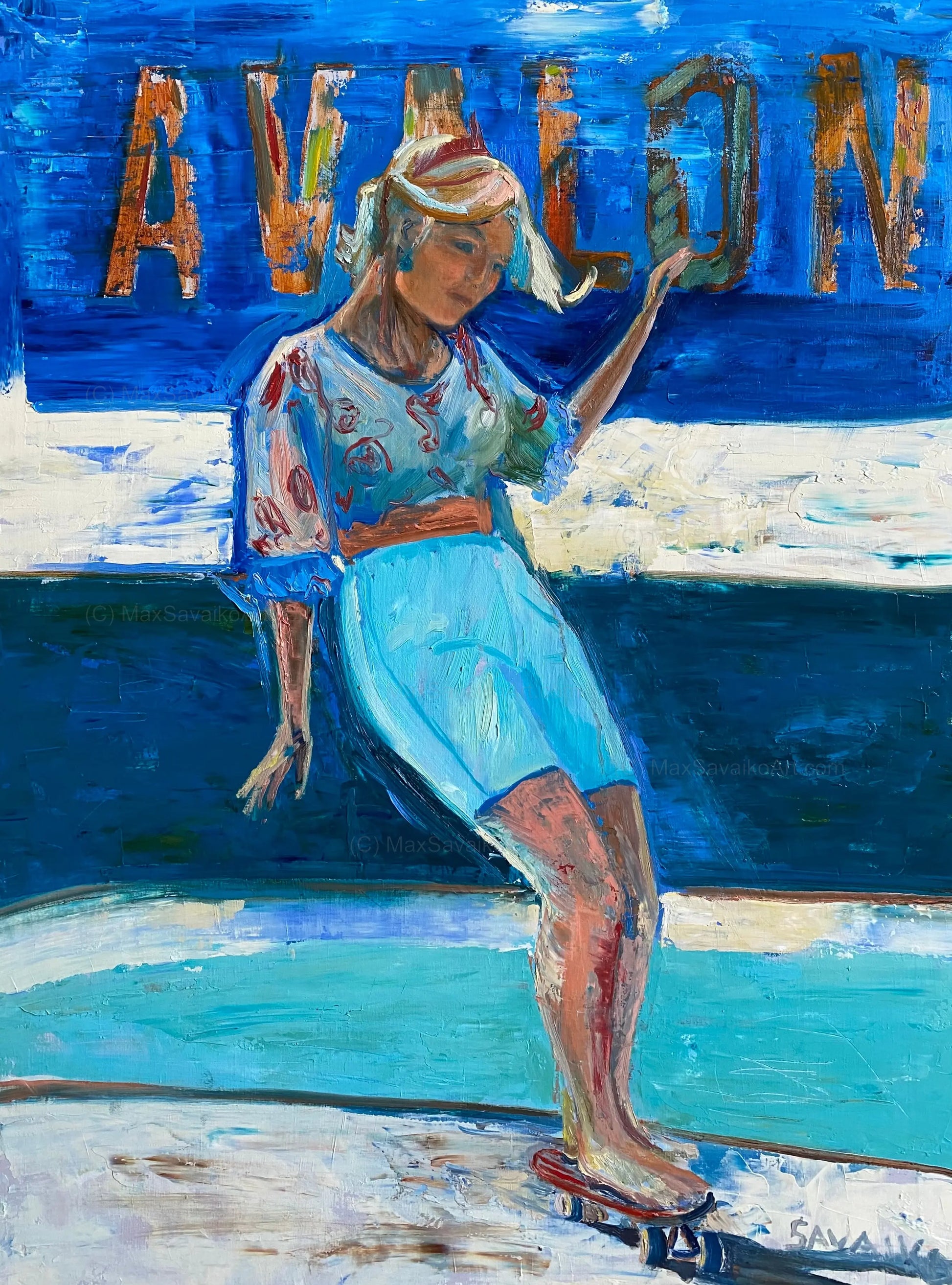 Street Skating Beach Girl Painting - Sidewalk Sail     Max Savaiko Art