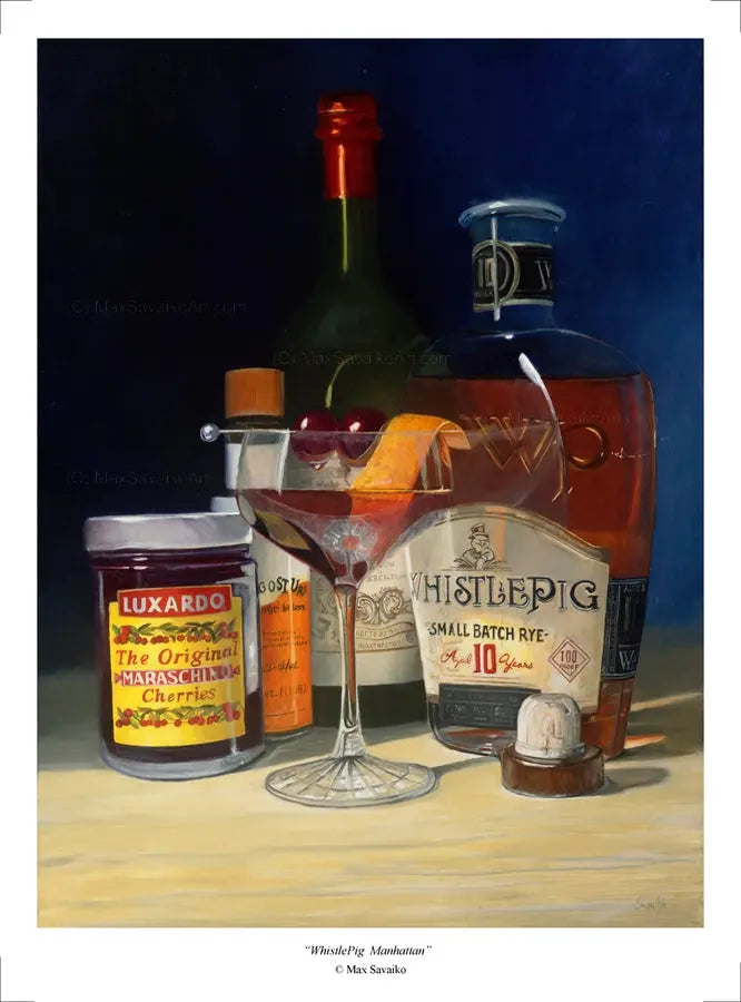 Whiskey Print WhistlePig Luxardo Cocktail Whiskey Manhattan     Max Savaiko Art