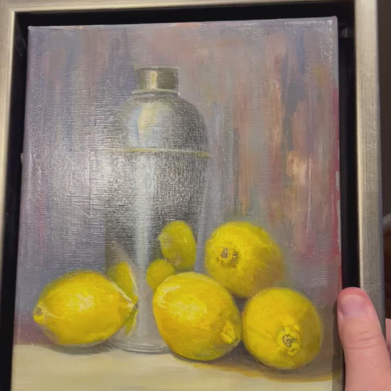 Video of Still Life Painting Lemon Drop by Max Savaiko Art. Features 4 lemons on a table top with a cocktail shaker.