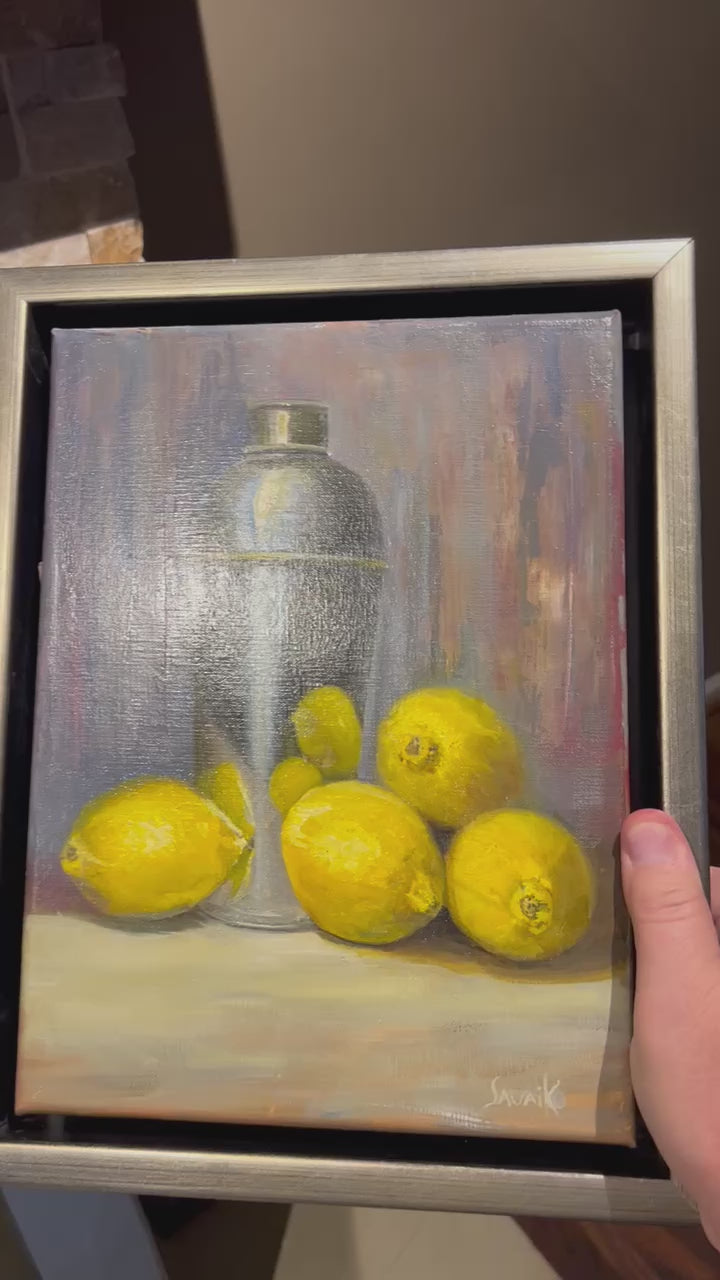 Video of Still Life Painting Lemon Drop by Max Savaiko Art. Features 4 lemons on a table top with a cocktail shaker.