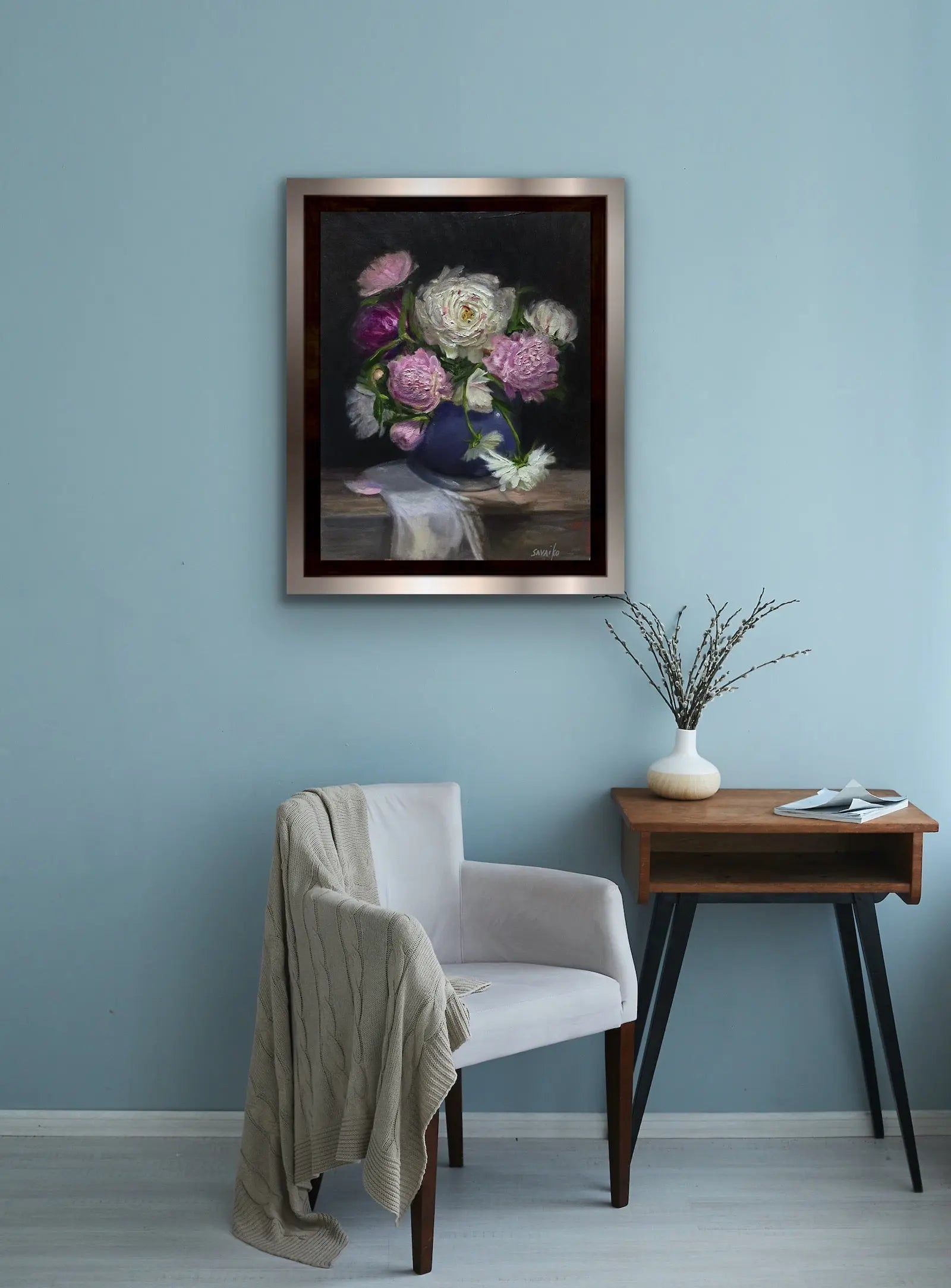 Original Oil Painting - Mixed Peonies in Blue vase - Max Savaiko Art