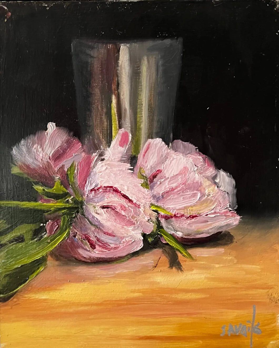 Original Oil Painting - Pink Peonies and Silver cup
