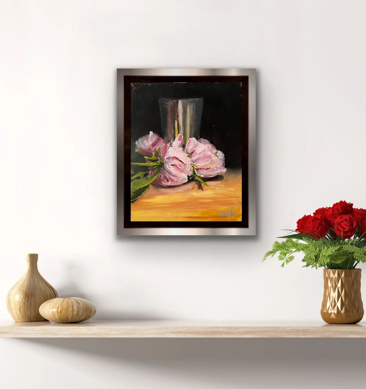 Original Oil Painting - Pink Peonies and Silver cup - Max Savaiko Art