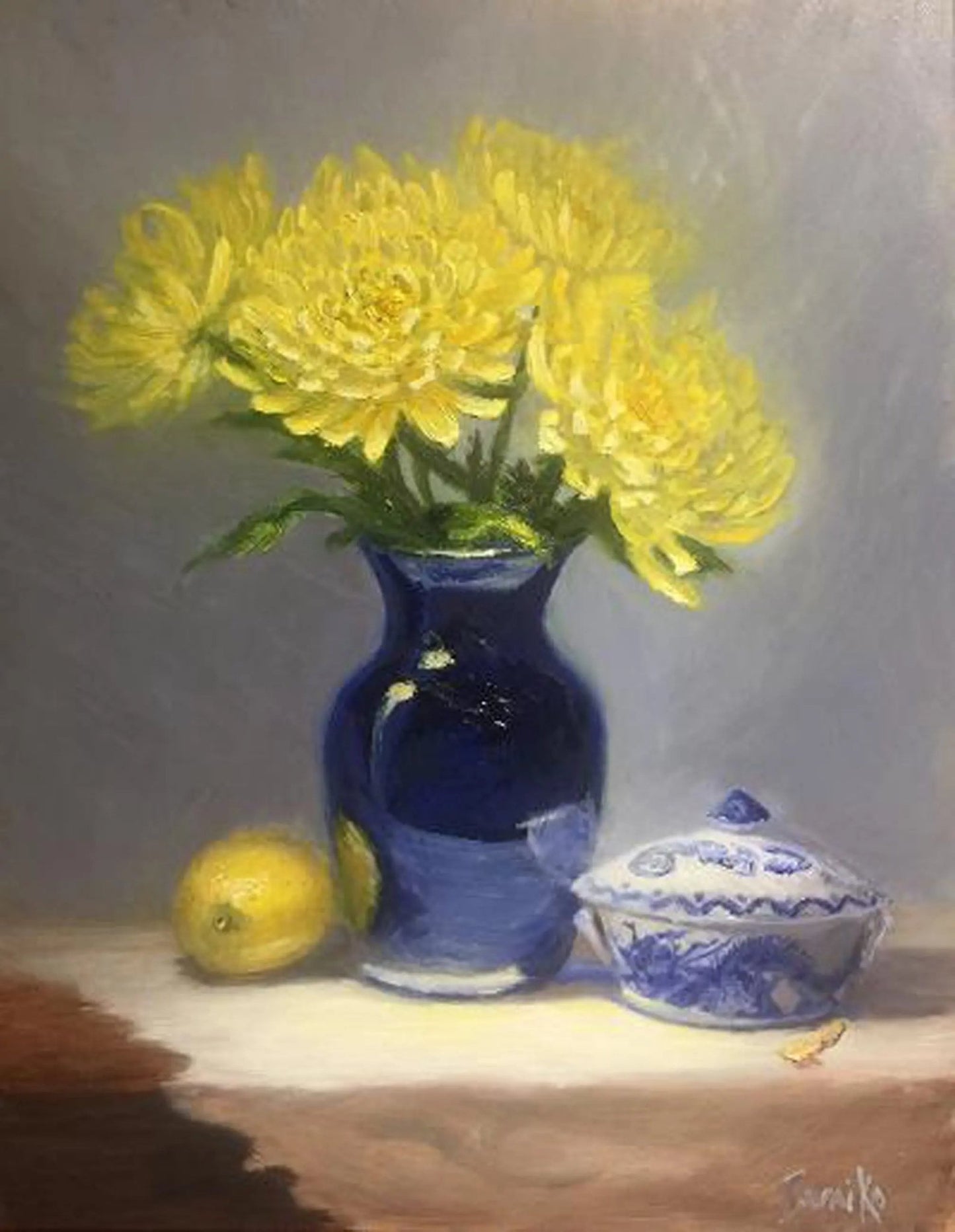Original Oil Painting - Yellow Mums and Ginger Jar - Max Savaiko Art