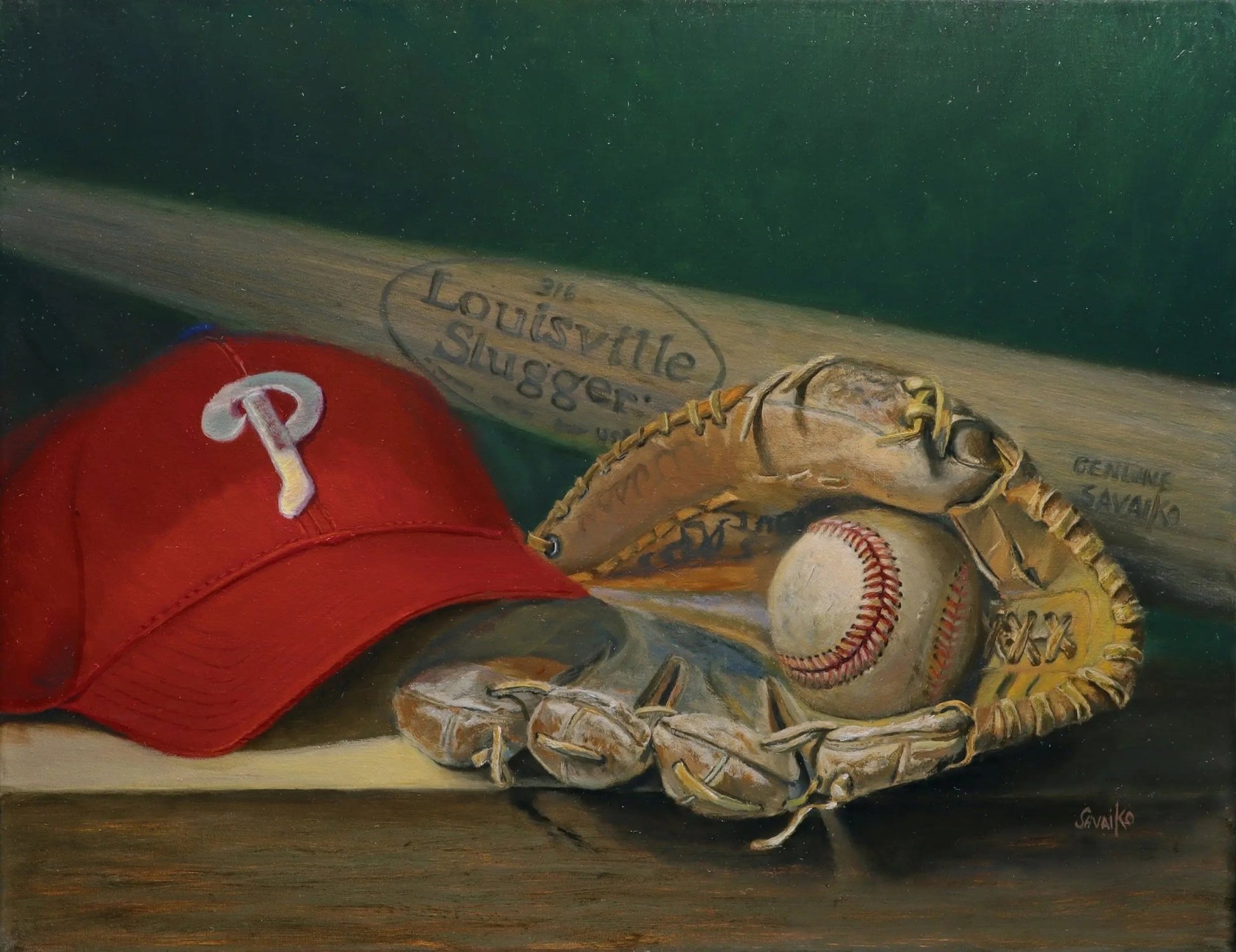 Philadelphia Phillies baseball hat, baseball gloves, baseball bat framed in situ 