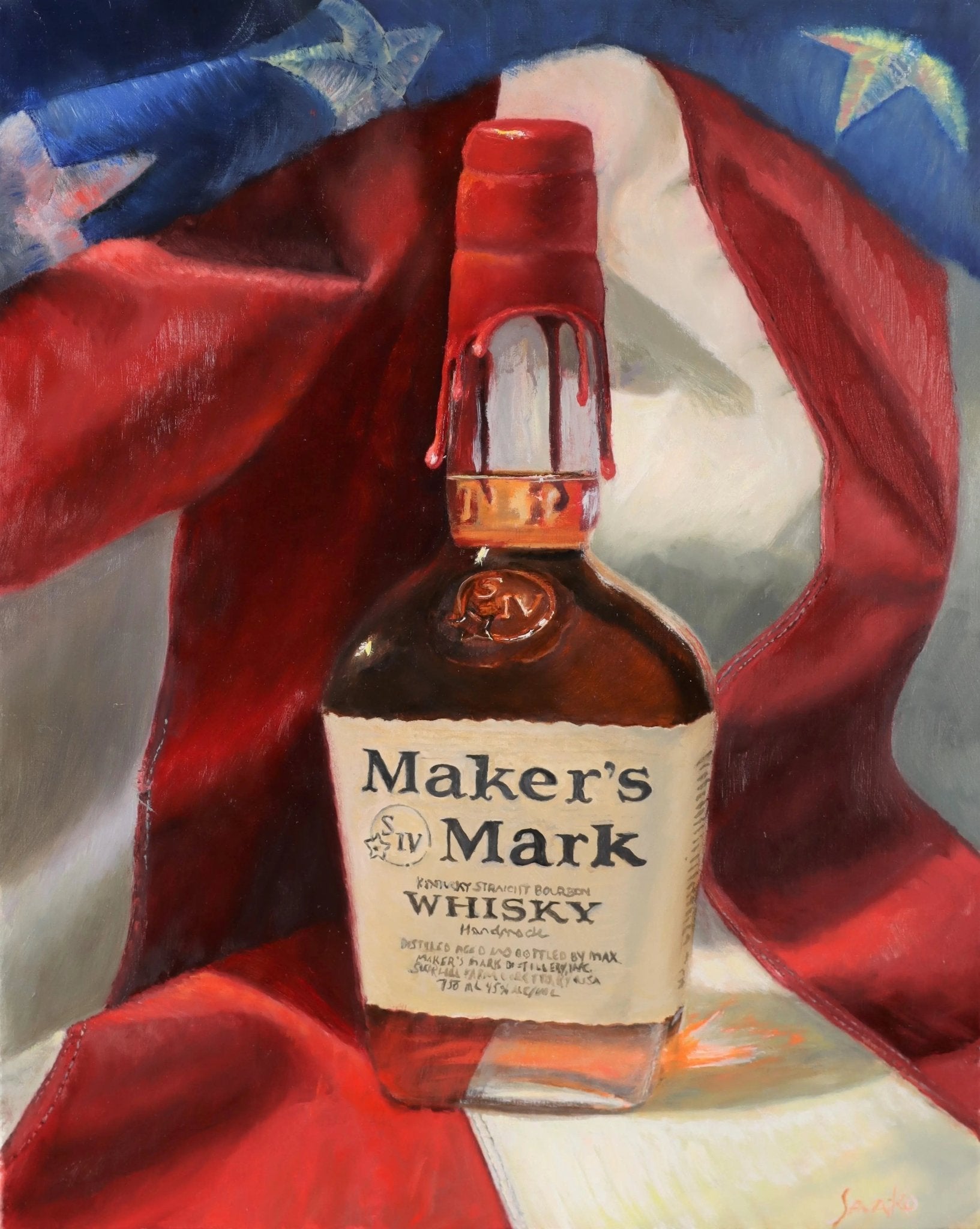 Original Oil Painting - Red, White and Bourbon - Max Savaiko Art